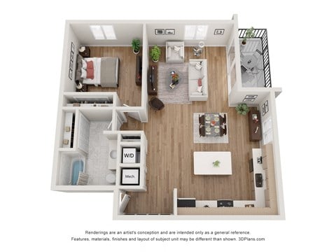 Floor plan for 1 bed, 1 bath, 942 sqft